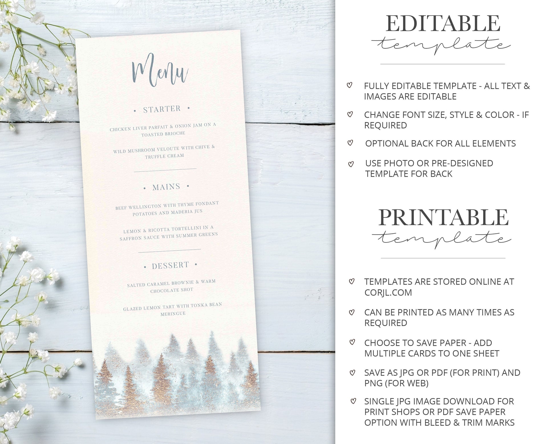 MENU Ethereal Pine Wedding Stationery Suite  |  Instant Download  |  Printable Event Invitations | Bundle | Editable Template