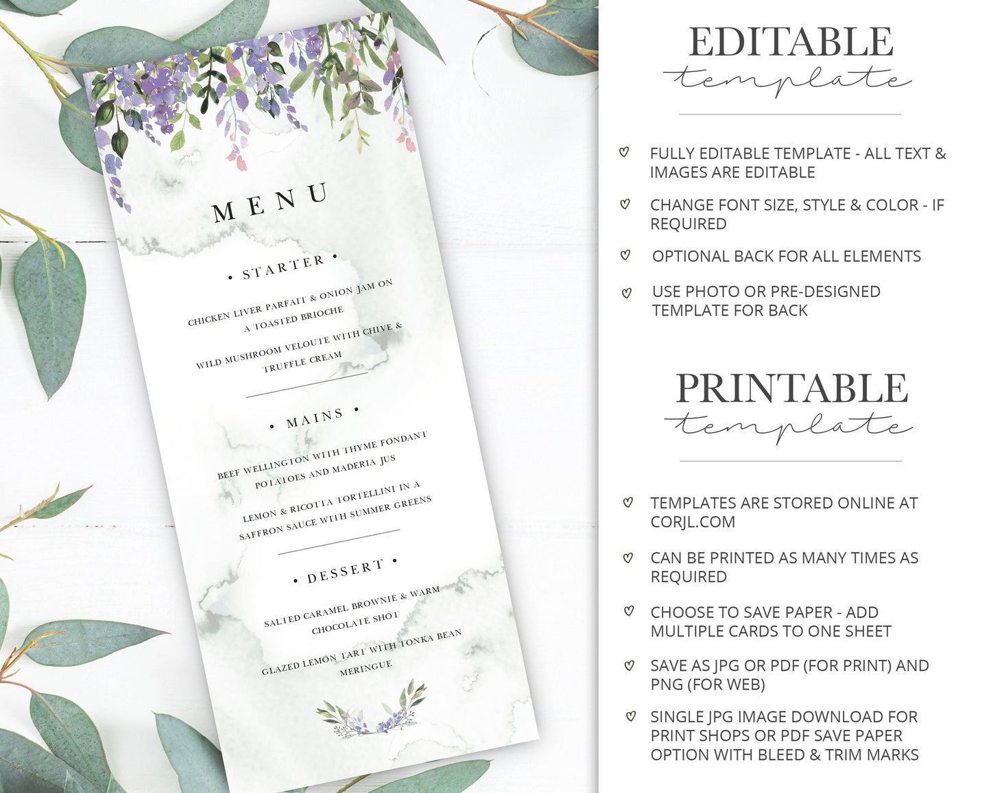 MENU Card Boho Florals & Greenery Wedding Stationery  |  Instant Download |  Printable Event Invitations |  Bundle |  Editable Template