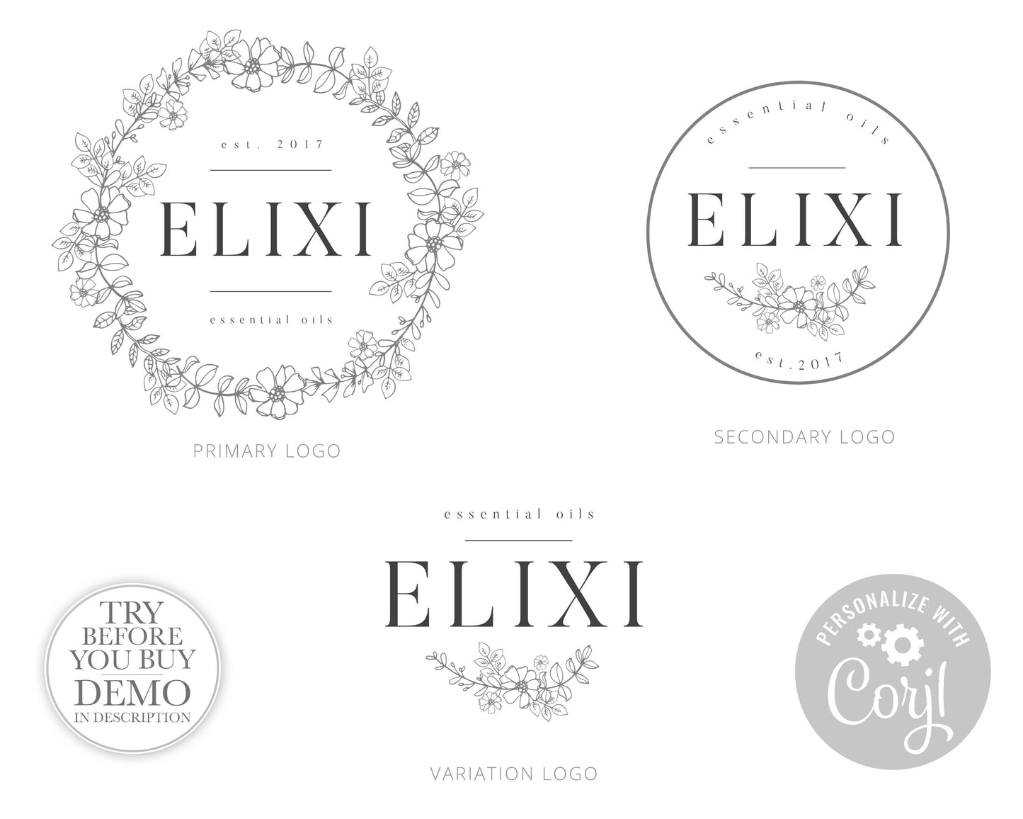 Editable Premade Floral 3 x Logo Suite Instant Download Simple Illustrated Florals  |  Edit Instantly Online | Premade Business Logos EX-001