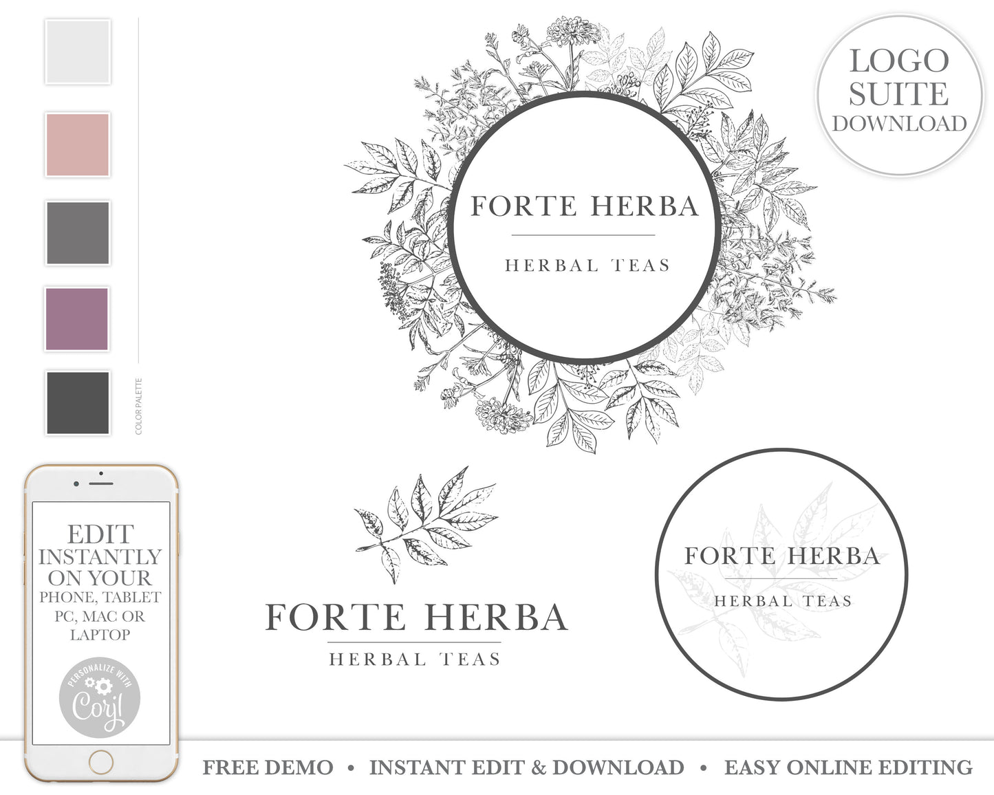 Editable Logo Suite Instant Edit & Download Vintage Illustrated Florals  |  Edit Yourself Online | DIY Premade Business Circular Logo FH-001