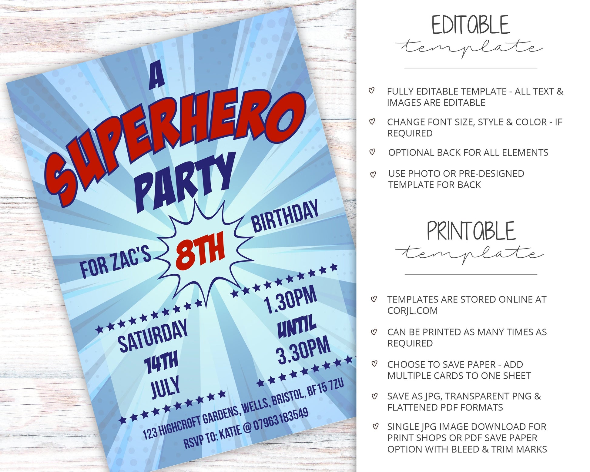 DIY Superhero Kids Birthday Invitation  |  Marvel Style Invitation Instant Download  |  Boys Party Invitations  | Editable Invitation