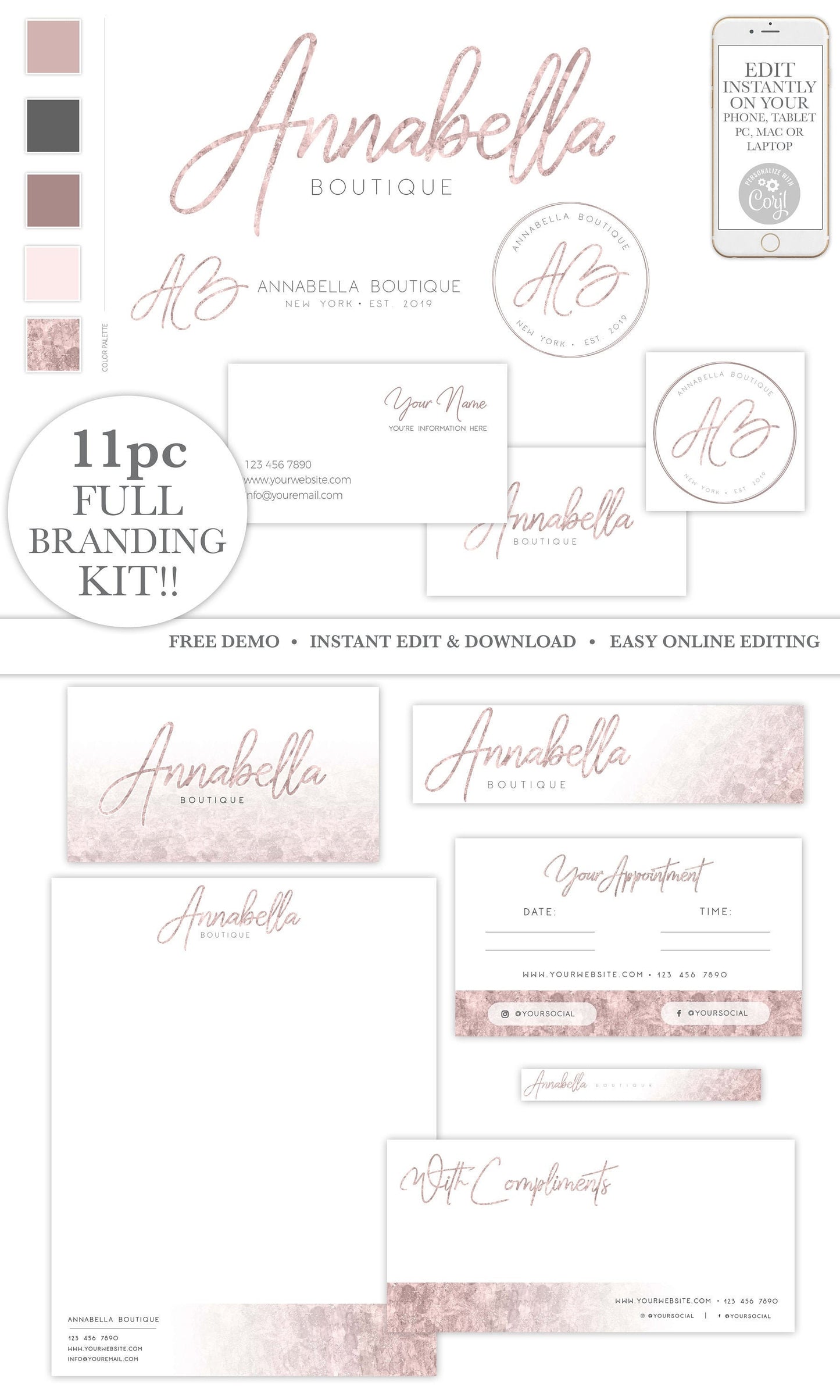 DIY Full Branding Kit Instant Edit & Download Minimal Rose Gold Signature Branding  |  Edit Yourself Online!  | Premade Business Logo AB-001