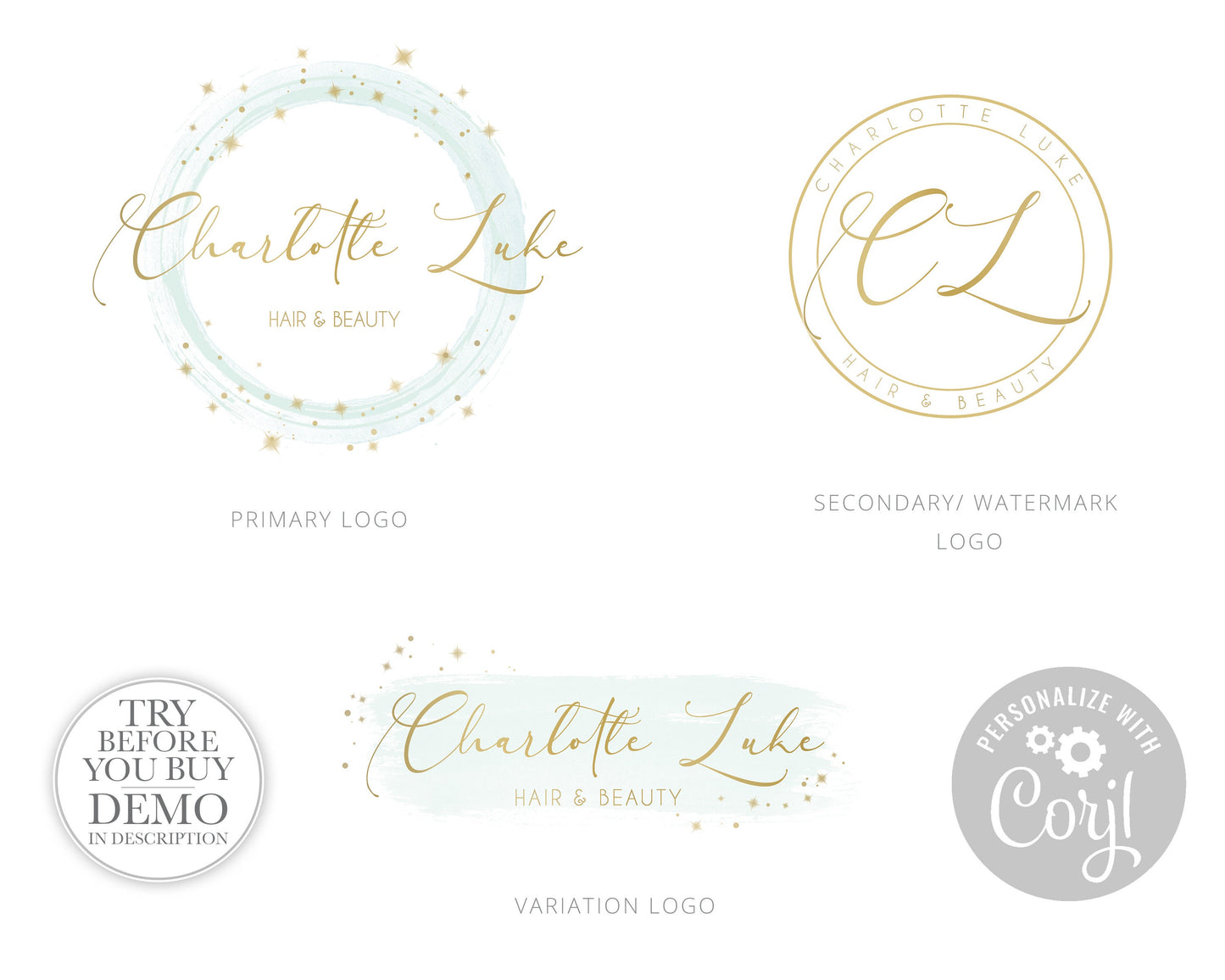 Full Branding Kit Instant Edit & Download Watercolor and Gold Stars Branding  |  Edit Online!  | Premade Business Logo | 5 Colors CL-001