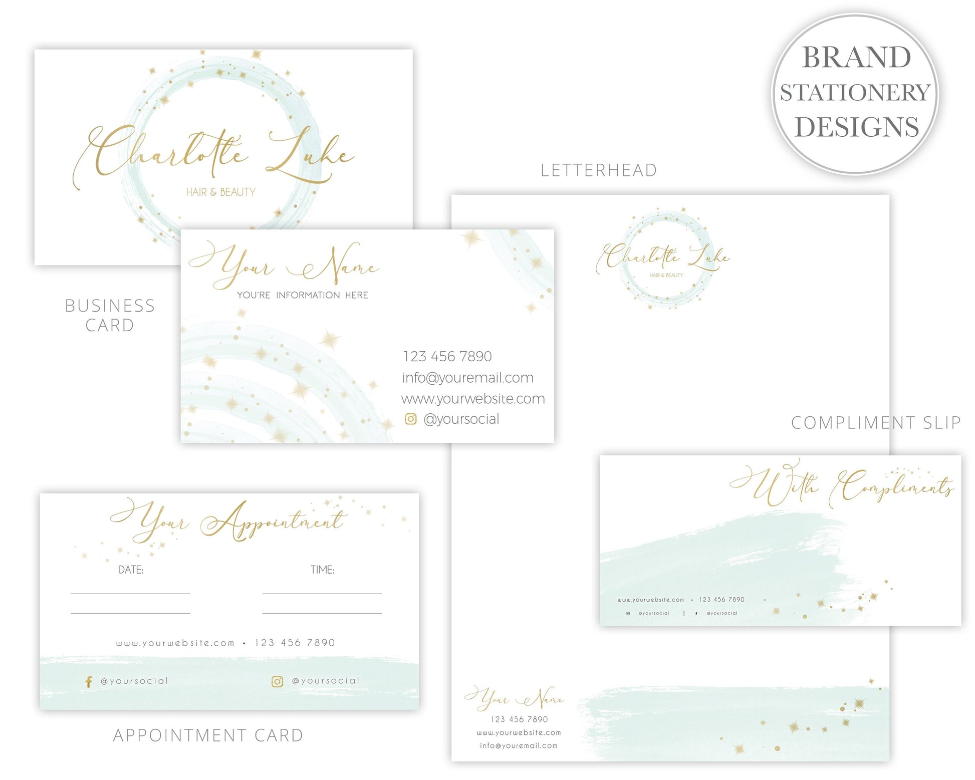 Full Branding Kit Instant Edit & Download Watercolor and Gold Stars Branding  |  Edit Online!  | Premade Business Logo | 5 Colors CL-001