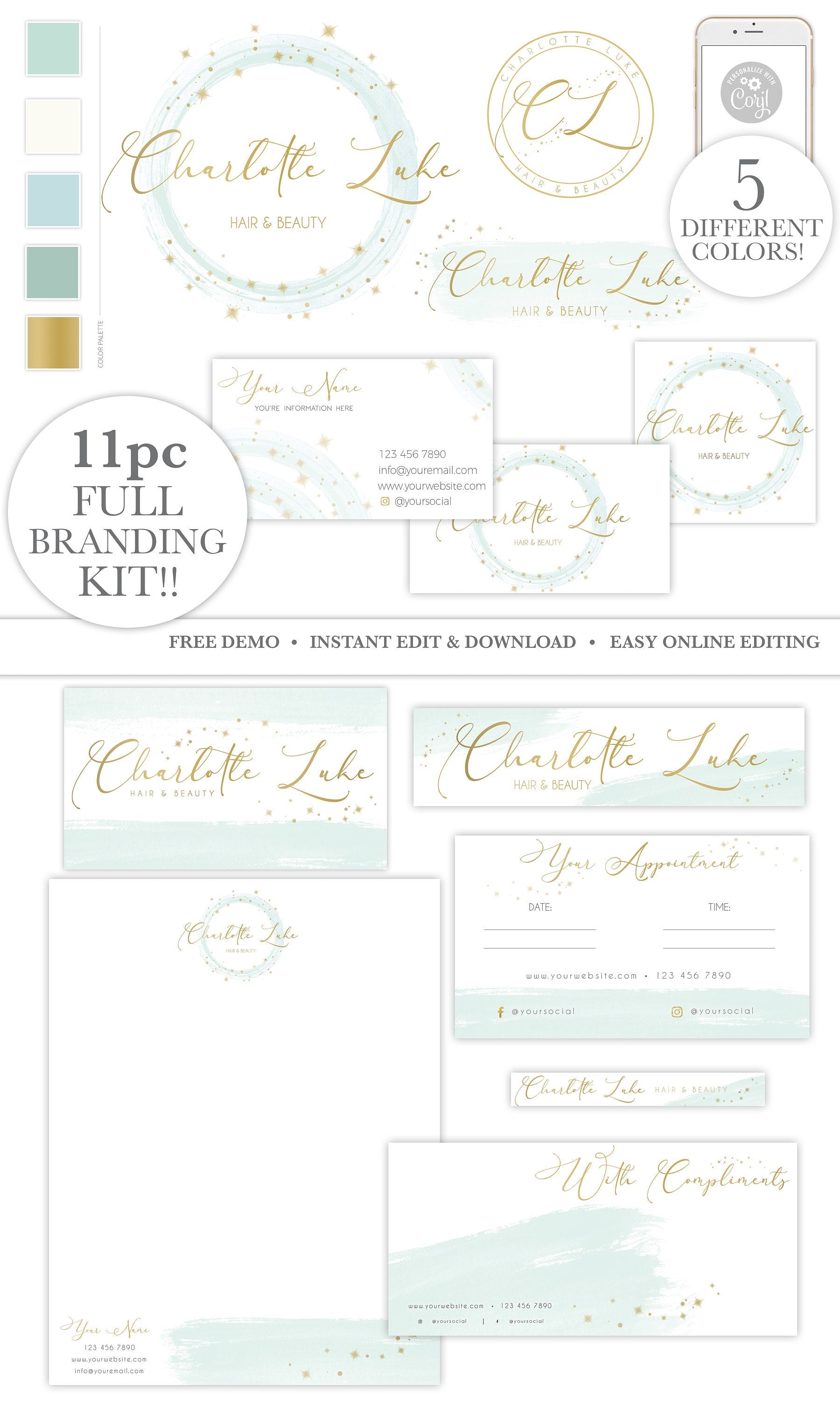 Full Branding Kit Instant Edit & Download Watercolor and Gold Stars Branding  |  Edit Online!  | Premade Business Logo | 5 Colors CL-001