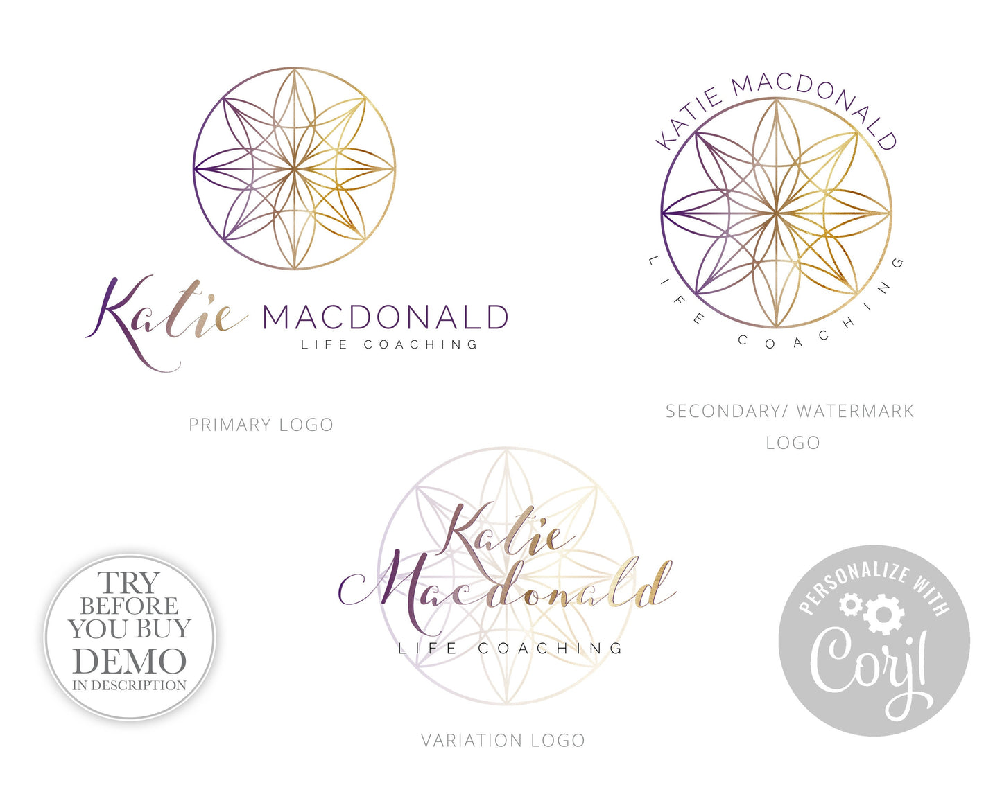 DIY Instant Edit 3 x Logo Suite Digital Download Seeds of Life Coaching Premade Purple and Gold Geometric Business logo KM-001