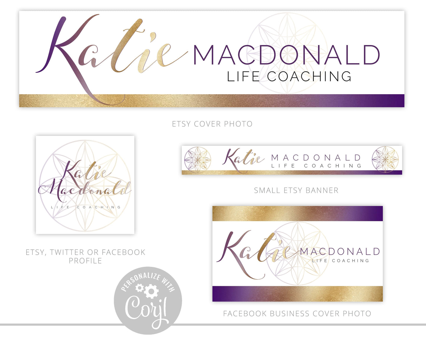 8pc Maxi Branding Kit Instant Download Purple and Gold Seeds of Life Coaching Design  | DIY Editable Template | Premade Business logo KM-001