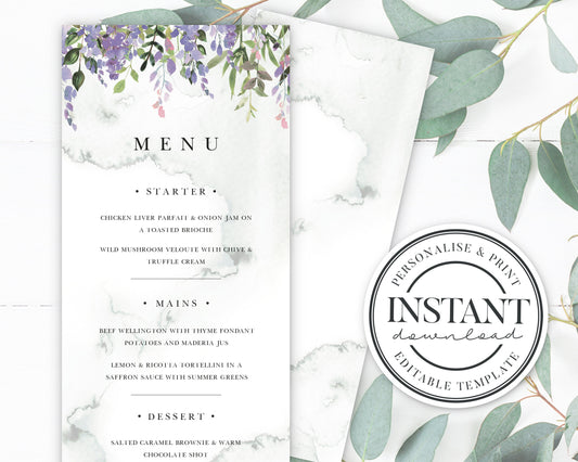MENU Card Boho Florals & Greenery Wedding Stationery  |  Instant Download |  Printable Event Invitations |  Bundle |  Editable Template