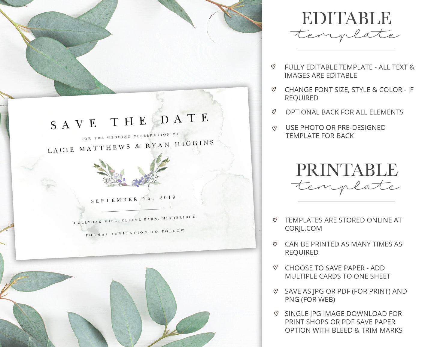 SAVE THE DATE Boho Florals & Greenery Wedding Stationery  |   Instant Download |  Printable Event Invitations |  Bundle |  Editable Template