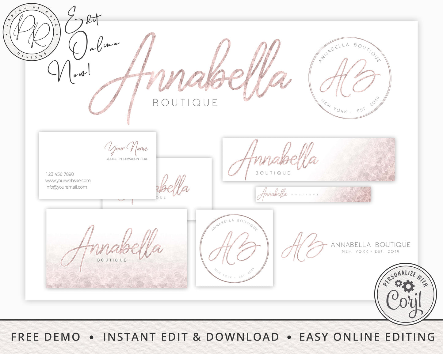 8pc Maxi Branding Kit Instant Edit & Download Rose Gold Minimal Signature  | DIY Edit Online! | Premade Logo | Editable Template AB-001