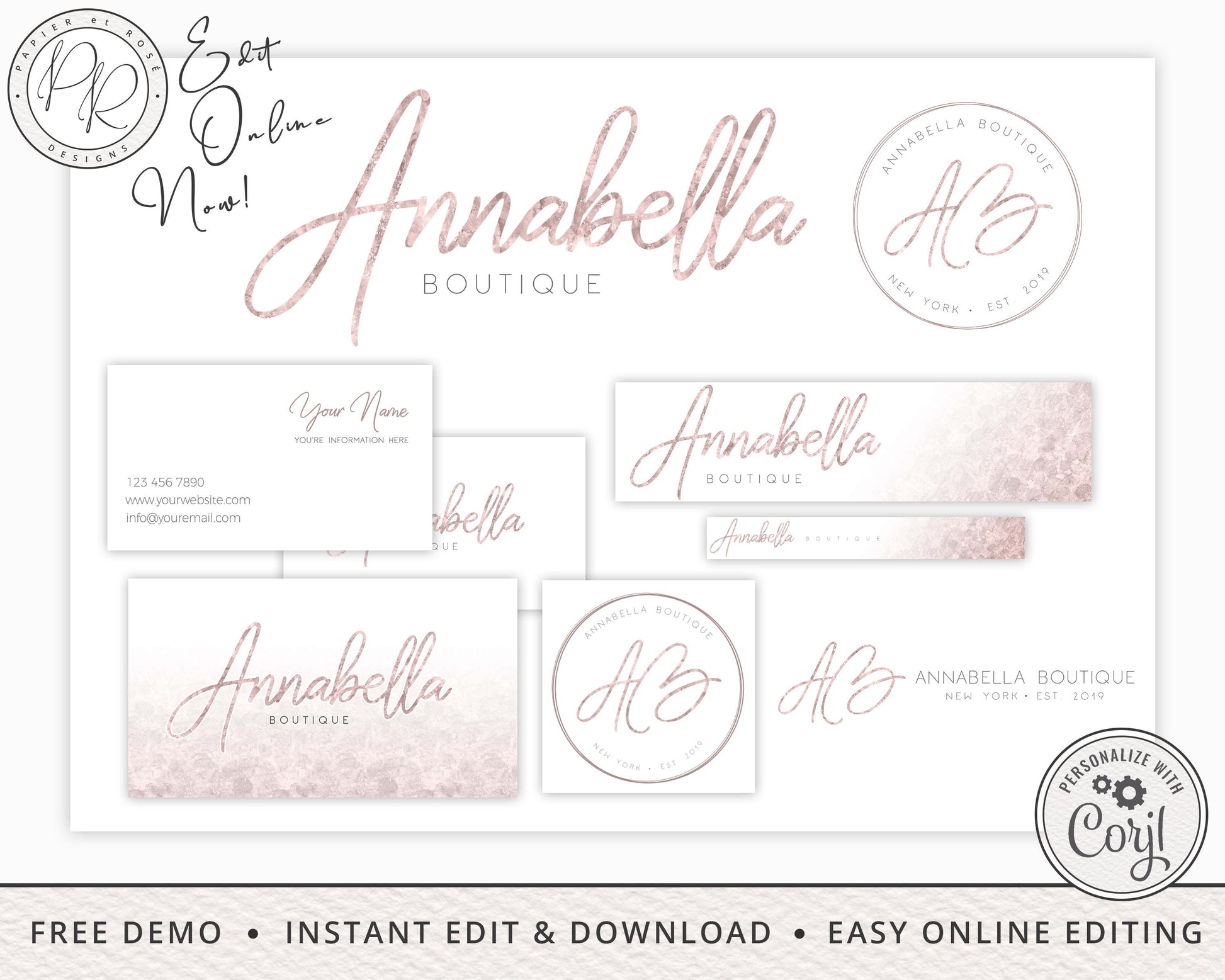 8pc Maxi Branding Kit Instant Edit & Download Rose Gold Minimal Signature  | DIY Edit Online! | Premade Logo | Editable Template AB-001