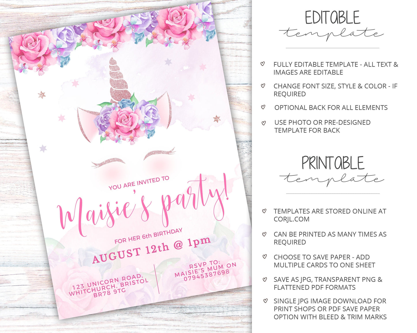 UNICORN Birthday Invitation + FREE Favor Tag  |  Rainbow Invitation Instant Download  |  Unicorn Party Invitations  | Editable Invitation