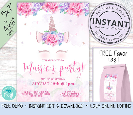 UNICORN Birthday Invitation + FREE Favor Tag  |  Rainbow Invitation Instant Download  |  Unicorn Party Invitations  | Editable Invitation