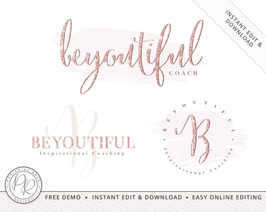 Editable Logo Suite 3 x Pretty Rose Gold Glitter Premade Logo | Instant Edit Online | Custom Boutique Logo | Editable Template BC-001