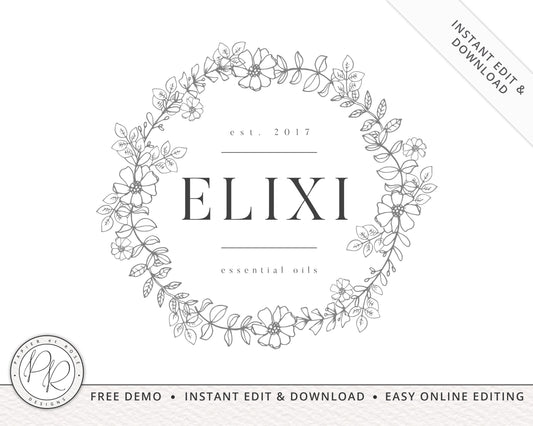 DIY Floral Hand Illustrated Simplistic Circular Logo  |  Instant Edit Online | Custom Logo Design | Business Logo | Editable Template EX-001