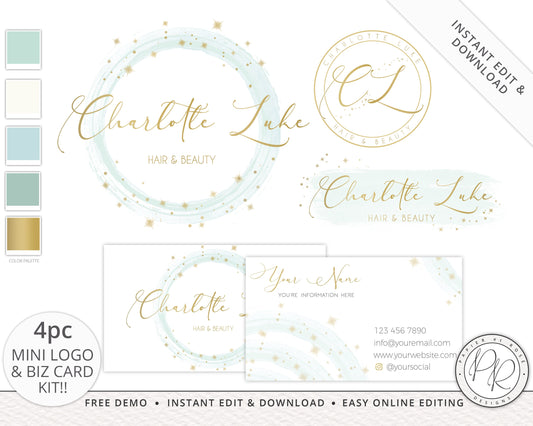Editable 4pc Logo Suite and Business Card Branding Kit Stars and Watercolor Round Logo  | Instant Premade Logo | Edit Online  |  CL-001