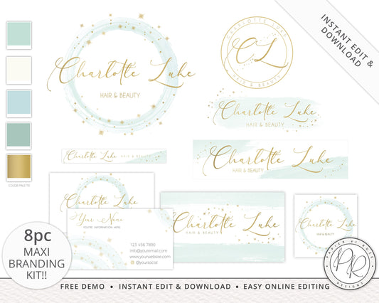8pc Maxi Branding Kit Instant Edit & Download Watercolor and Gold Stars  | Edit Yourself Online! | Premade Business logo  | 5 Colors CL-001
