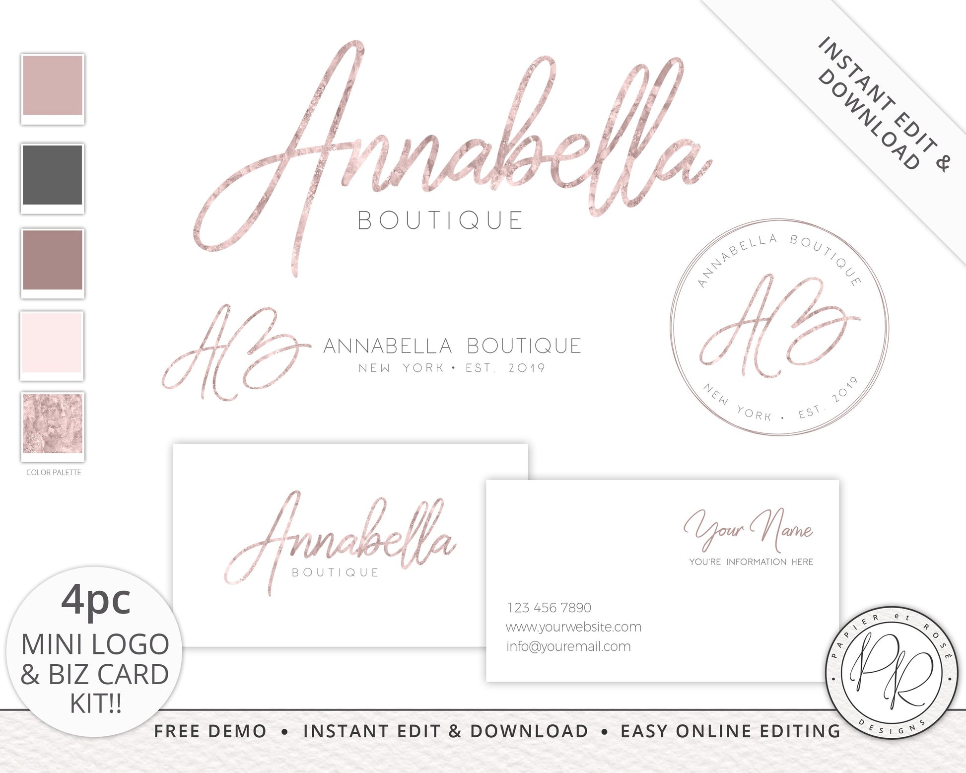 Editable 4pc Logo Suite & Business Card Instant Download Branding Kit Minimal Signature Logo  |  Premade Logo | DIY Editable Template AB-001