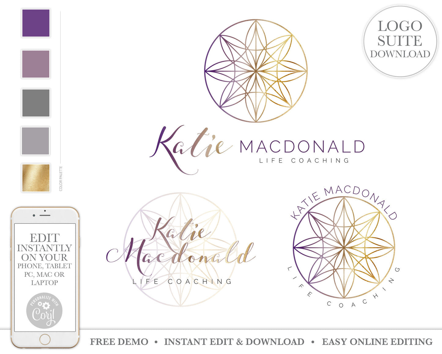 DIY Instant Edit 3 x Logo Suite Digital Download Seeds of Life Coaching Premade Purple and Gold Geometric Business logo KM-001