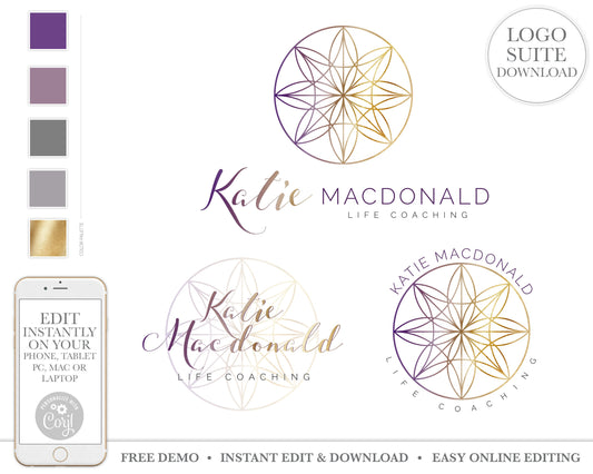 DIY Instant Edit 3 x Logo Suite Digital Download Seeds of Life Coaching Premade Purple and Gold Geometric Business logo KM-001