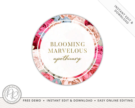 DIY Round Floral Pink & Cream Beauty / Photography Logo Design Instant Download | DIY Editable Template |  Pre Made Logo - PR0164