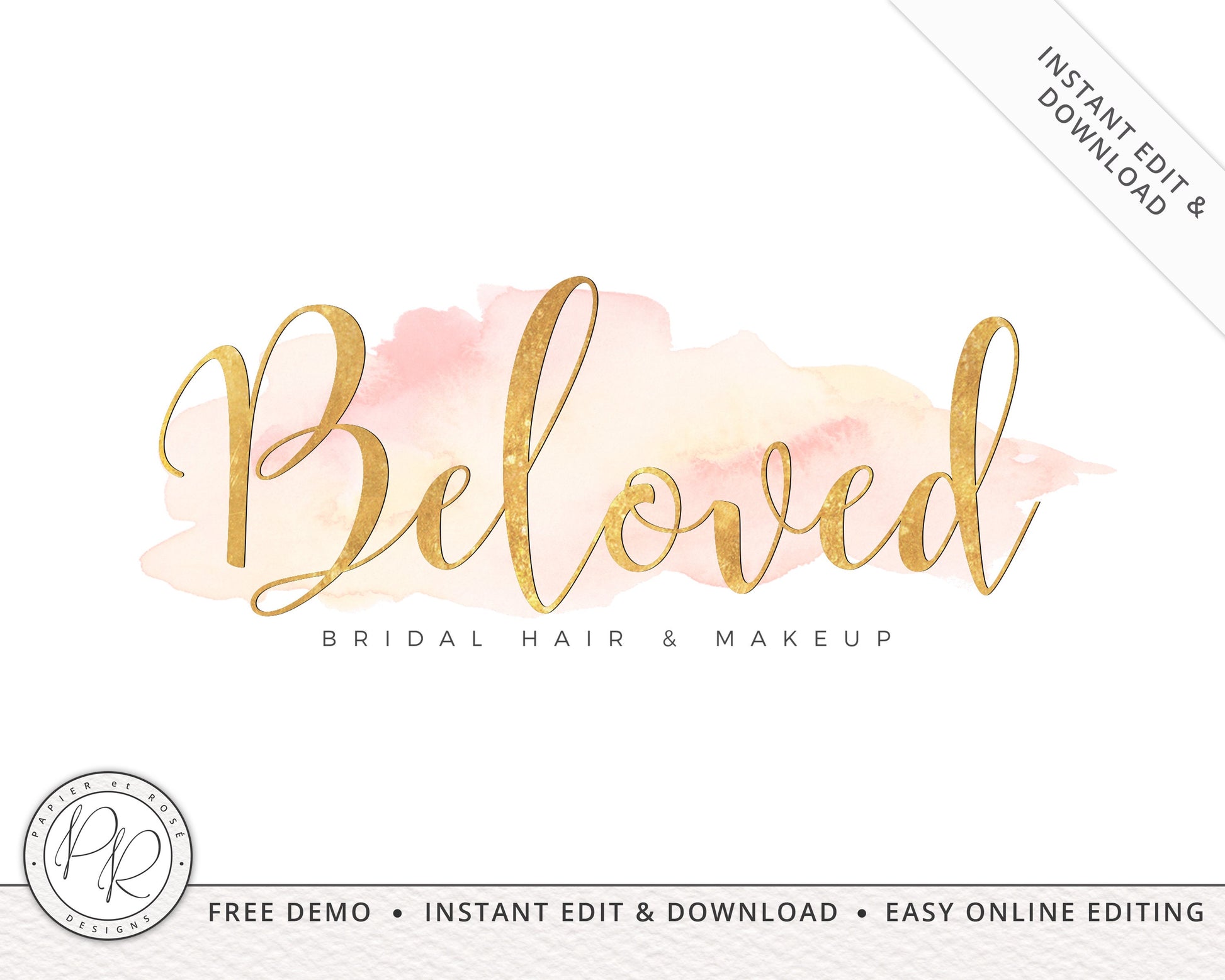 Editbale Blush & Gold Watercolor Splash Premade Logo  |  Instant Edit Online! |  Custom Logo Design | Boutique Logo | Editable Logo BB-002