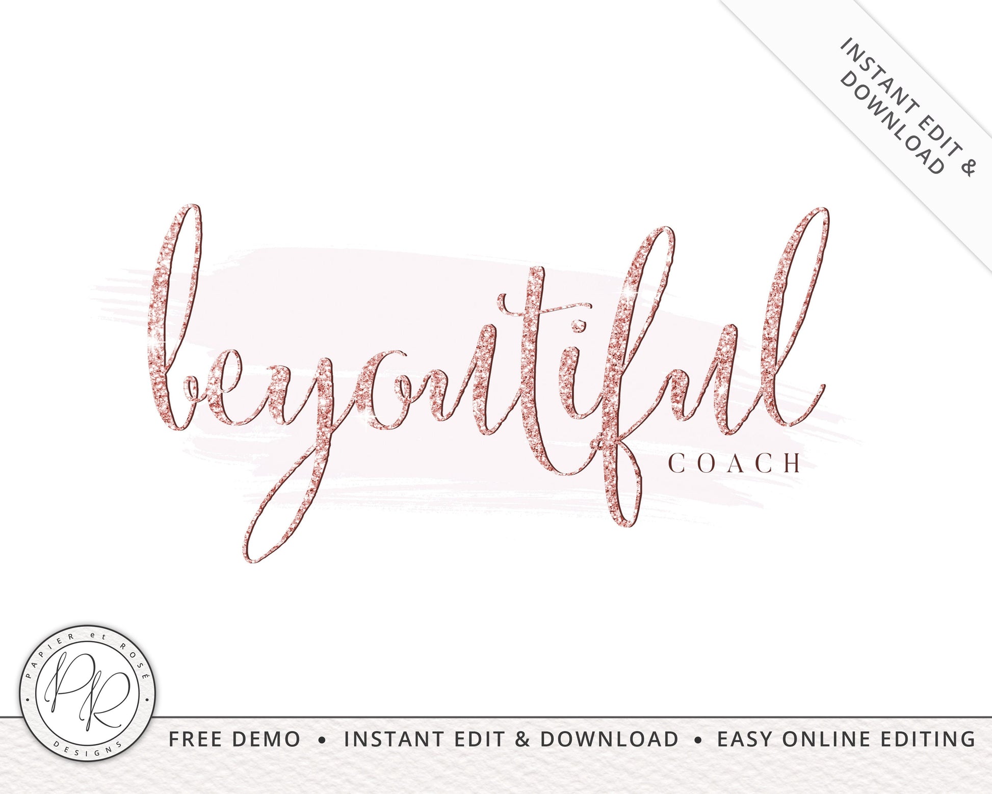 Editable Rose Gold Sparkle Typography Boutique Logo | Instant Edit Online  |  Premade logo | Custom Logo Design | Editable Template BC-001