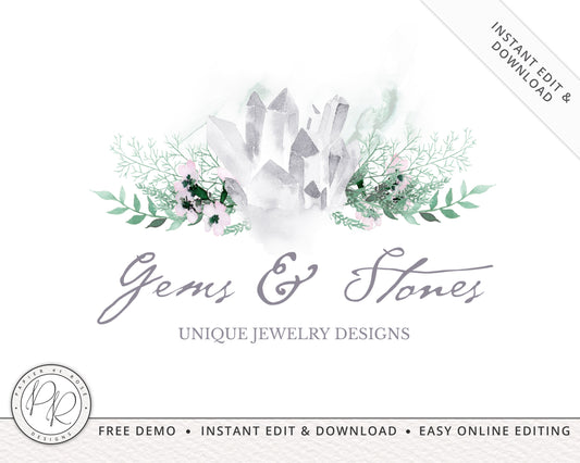 Editable Watercolor Gemstone Jewelry Boutique DIY Logo  |  Instant Edit Online!  |  Premade logo | Custom Logo Design | Editable Template