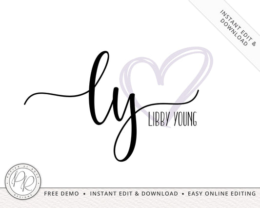 Editable Simple Heart & Initials Typography Logo  |  Instant Edit Online!  |  Custom Logo Design | Business Logo | Editable Template LY-001