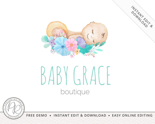 Editable Watercolor Baby / Kids Boutique Logo | Instant Edit Online | Custom DIY Logo Design | Boutique Logo | Editable Template - PR0124