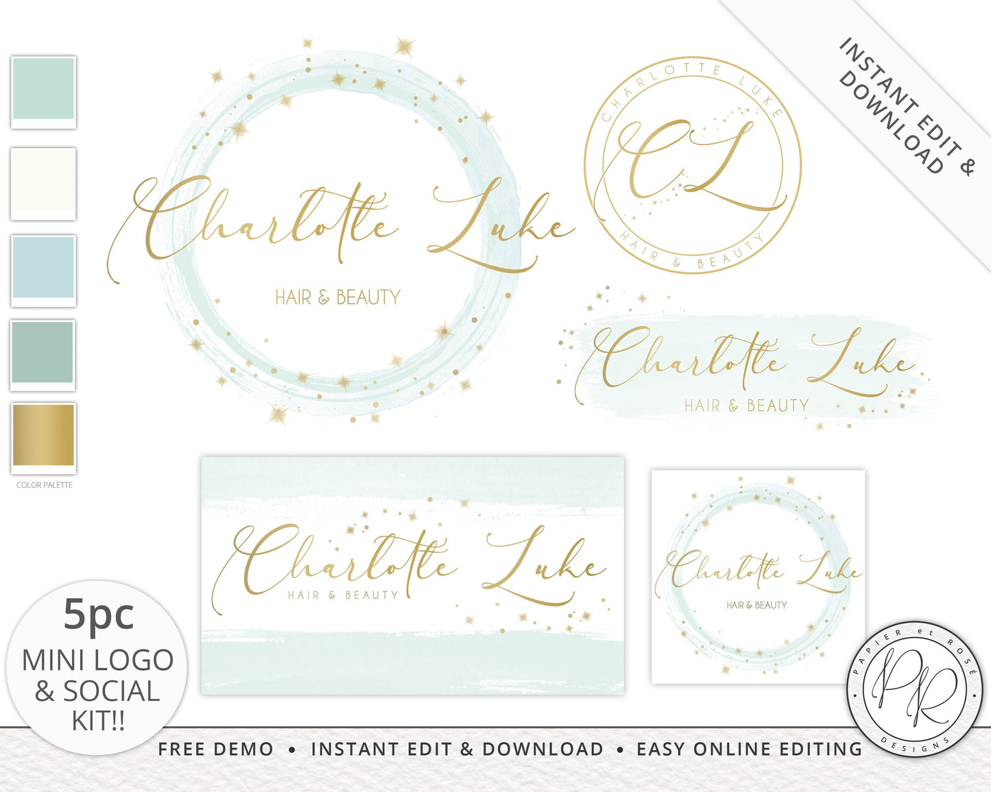 Editable 5pc Logo and Social Branding Kit Watercolor and Stars Logos Instant Edit & Download |  Premade Logo | Edit Online! 5 Colors CL-001