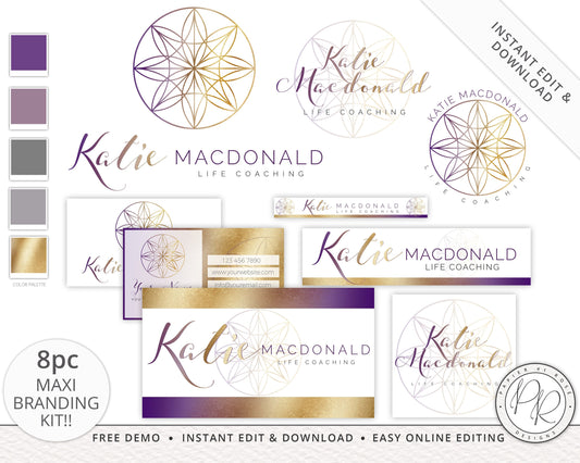 8pc Maxi Branding Kit Instant Download Purple and Gold Seeds of Life Coaching Design  | DIY Editable Template | Premade Business logo KM-001