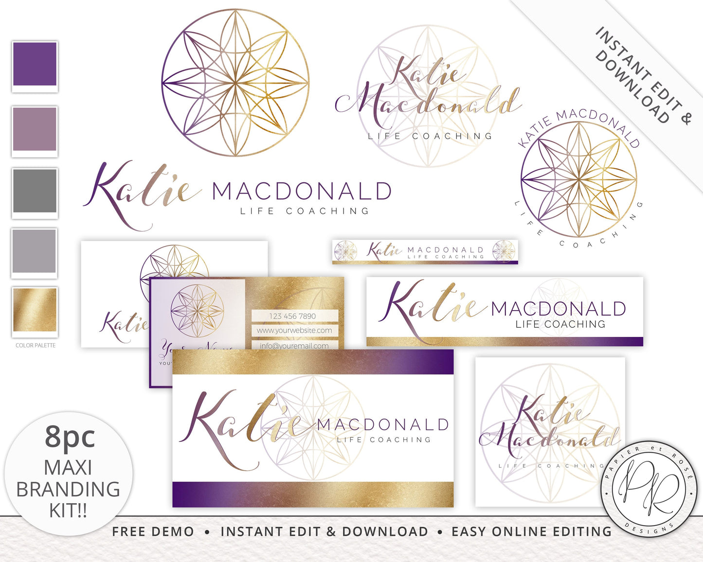 8pc Maxi Branding Kit Instant Download Purple and Gold Seeds of Life Coaching Design  | DIY Editable Template | Premade Business logo KM-001