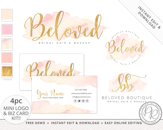 Editable 4pc Blush & Peach Watercolor Logo Suite + Business Card Branding Kit | Premade Logo | Instant Edit Online | Editable BB-002