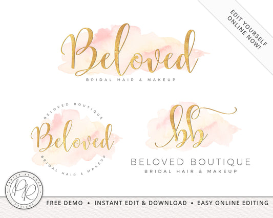 Editable Logo Suite 3 x Blush Peach & Gold Watercolor Elegant Premade Logos | Instant Edit Online | DIY Logo | Editable Template - BB-002