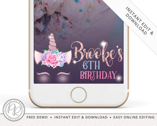 DIY Instant Edit Yourself Snapchat Geofilter, Editable Snapchat Geofilter, iPhone Unicorn Birthday Editable Template - PRG002