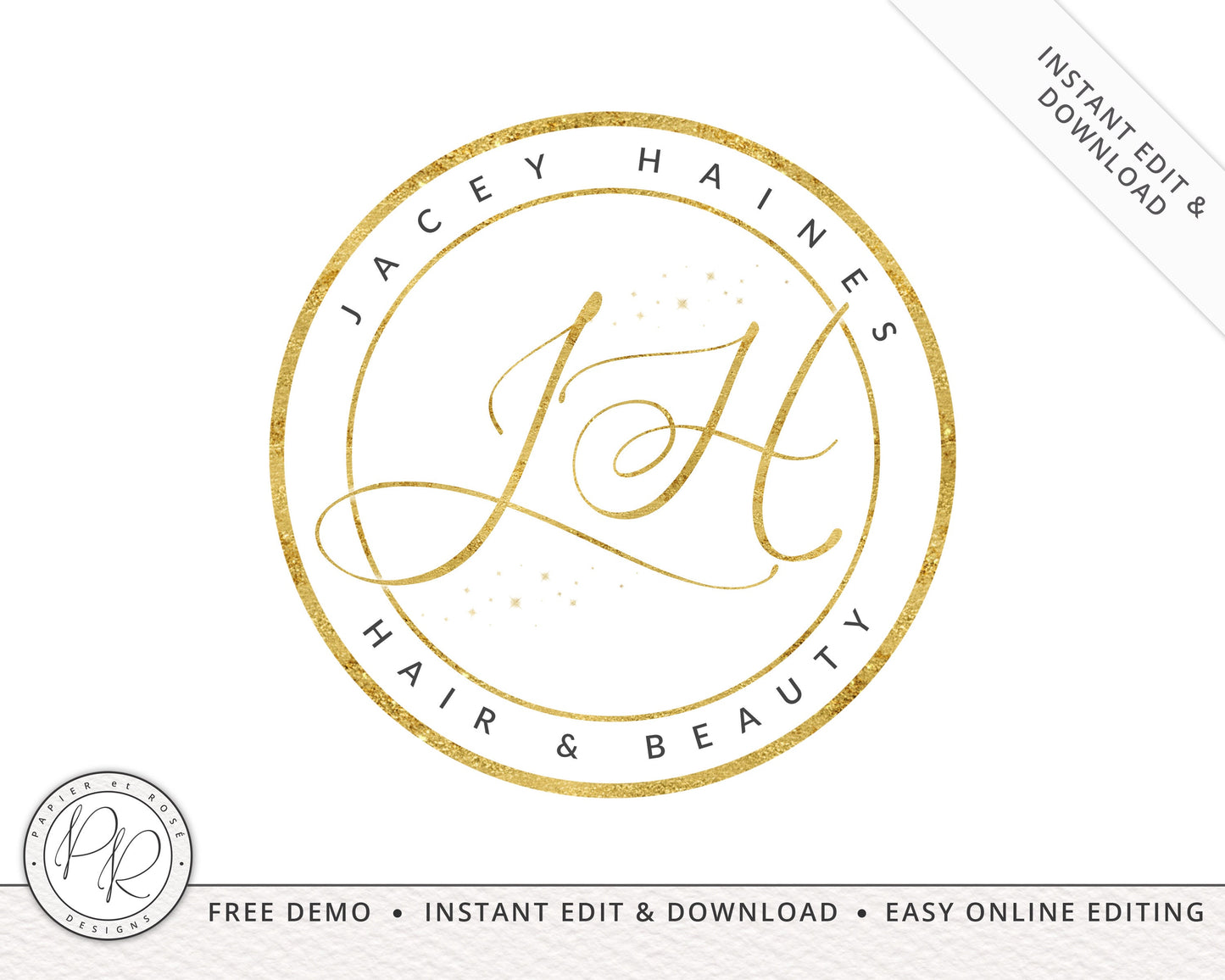 Editable Gold Foil Initials Round Submark Logo Design Instant Download | DIY Editable Template |  Premade Logo | Rose Gold Logo - PR0147