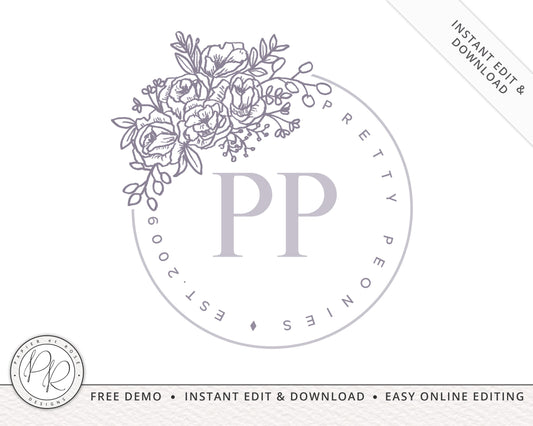 DIY Floral Illustration Circular Stamp Logo Design Instant Download | DIY Editable Template |  Premade Logo | Rose Gold Logo - PR0148