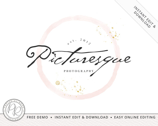 DIY Premade Delicate Signature Round Stamp Logo Design Instant Download | DIY Editable Template |  Premade Logo | Watercolor Logo - PR0190