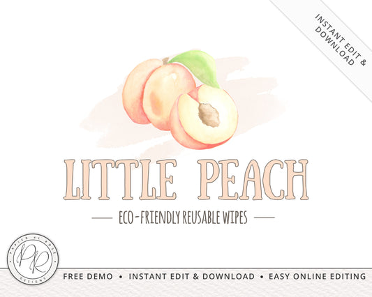 Editable Premade Watercolor Peach Whimsical Logo Design Instant Download | DIY Editable Template |  Premade Logo | Foliage Logo - PR0193