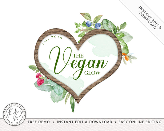 Editable Premade Watercolor Vegan Inspired  Heart Shaped Logo Design Instant Download | DIY Editable Template | Foliage & Fruit Logo PR0200