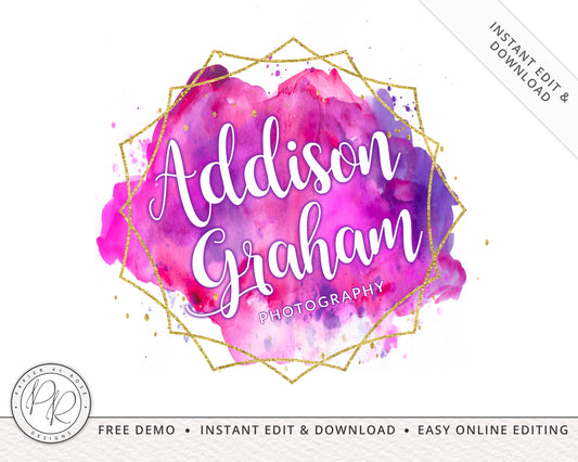 DIY Bright Watercolor & Gold Glitter Logo Design Instant Download | DIY Editable Template |  Premade Logo | Geometric Logo - PR0194