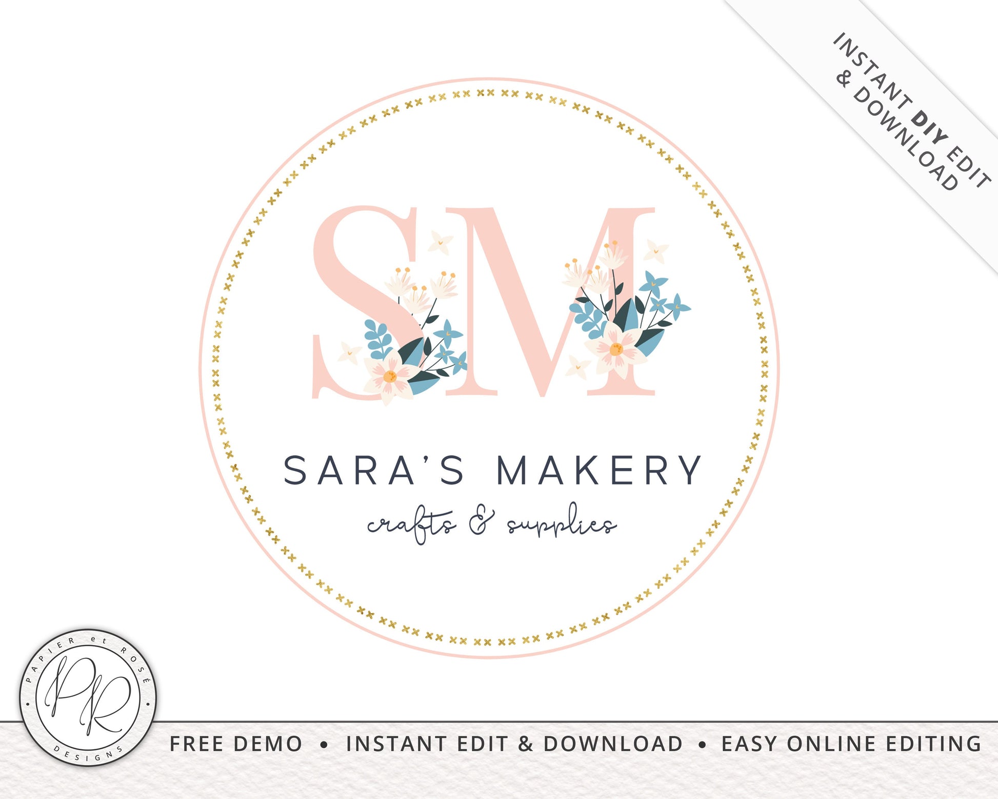 Editable Premade Shabby Chic Floral Initials Logo Design Instant Download | DIY Editable Template |  Premade Logo - PR0224