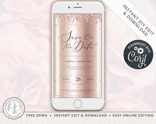 INSTANT New Date Digital iPhone Phone Rose Gold Change of Plans Date Wedding E-Card E-message | Announcement Editable Template - PRD004
