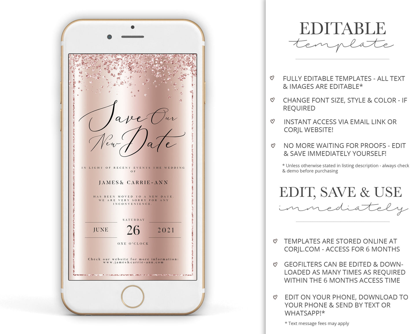 INSTANT New Date Digital iPhone Phone Rose Gold Change of Plans Date Wedding E-Card E-message | Announcement Editable Template - PRD004