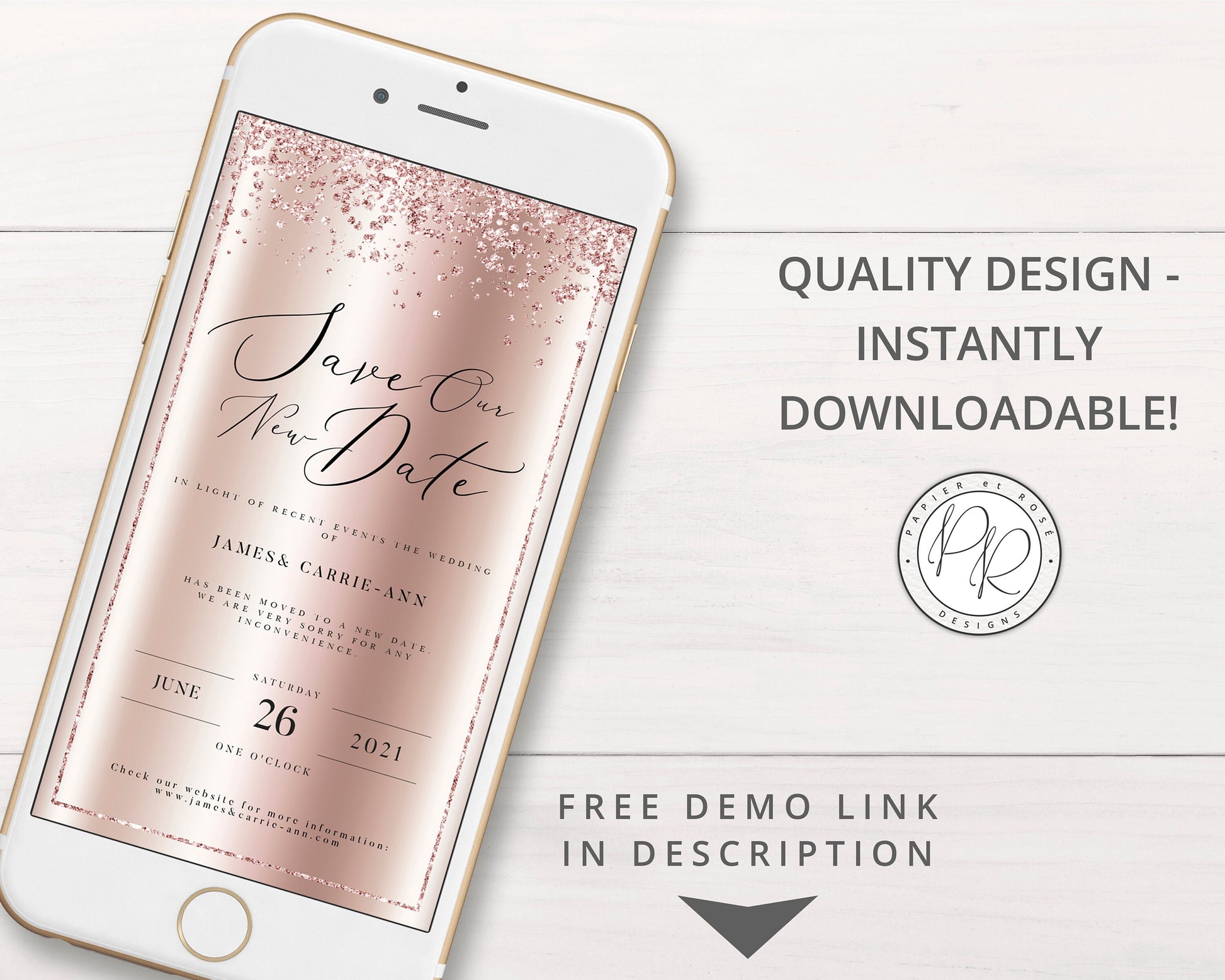 INSTANT New Date Digital iPhone Phone Rose Gold Change of Plans Date Wedding E-Card E-message | Announcement Editable Template - PRD004