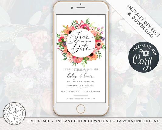 INSTANT New Date Digital iPhone Phone Florals Change of Plans Date Wedding E-Card E-message | Announcement Editable Template - PRD005