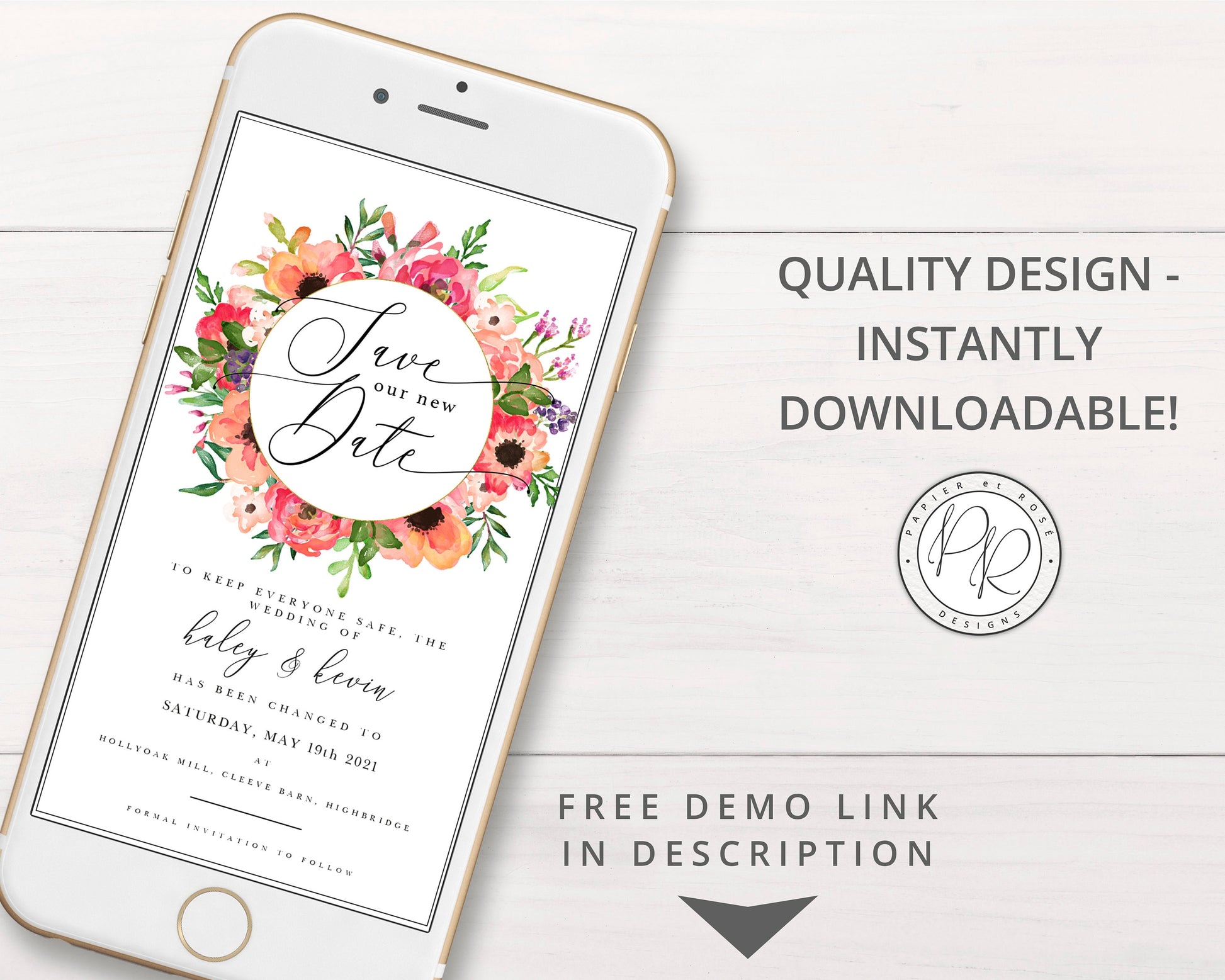 INSTANT New Date Digital iPhone Phone Florals Change of Plans Date Wedding E-Card E-message | Announcement Editable Template - PRD005