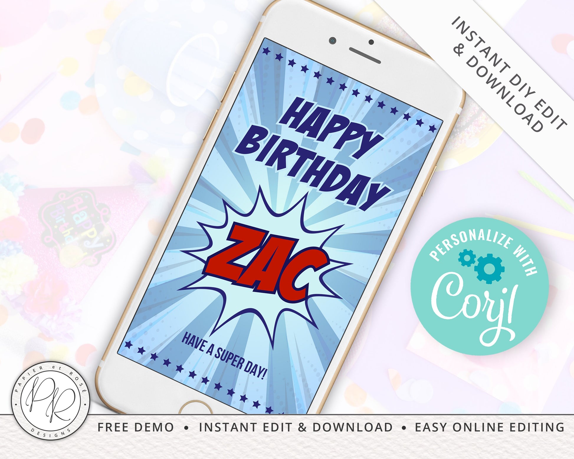 INSTANT EDIT YOURSELF Digital iPhone Samsung Phone Birthday E-Card message | Birthday Card Editable Template - PRD012