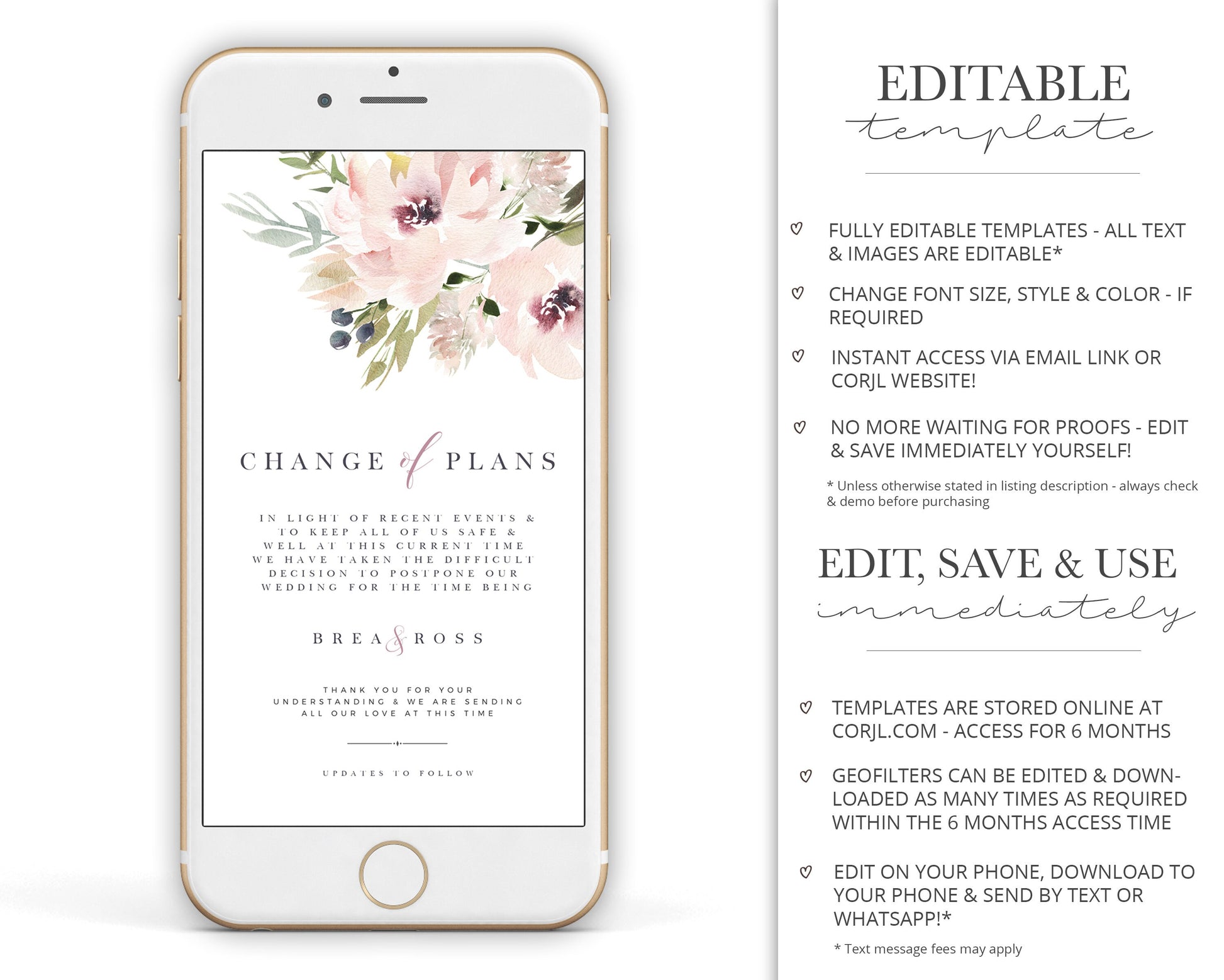 Instant Elegant Modern Floral Digital Phone E-message Change of Plans Change Wedding Date Postponed Announcement Editable Template - PRD013